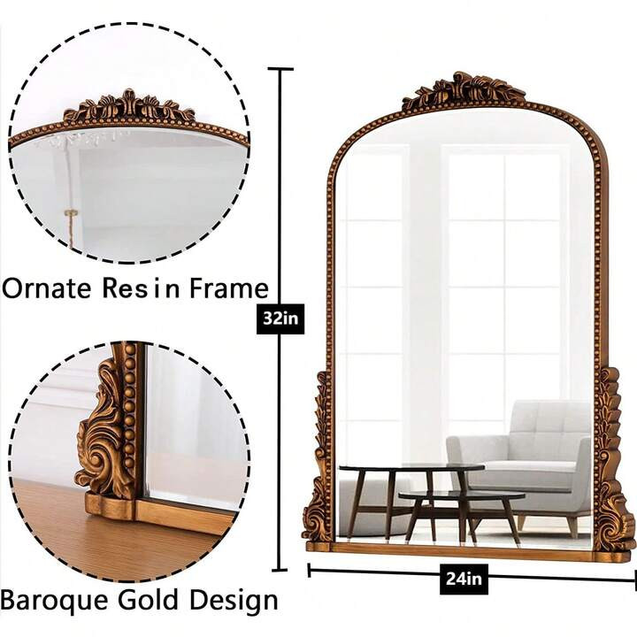 Baroque Arch Wall Mirror Antique Gold Mirror Wall Decor For Living Room Home 31.5" X 23.6'' | SHEIN