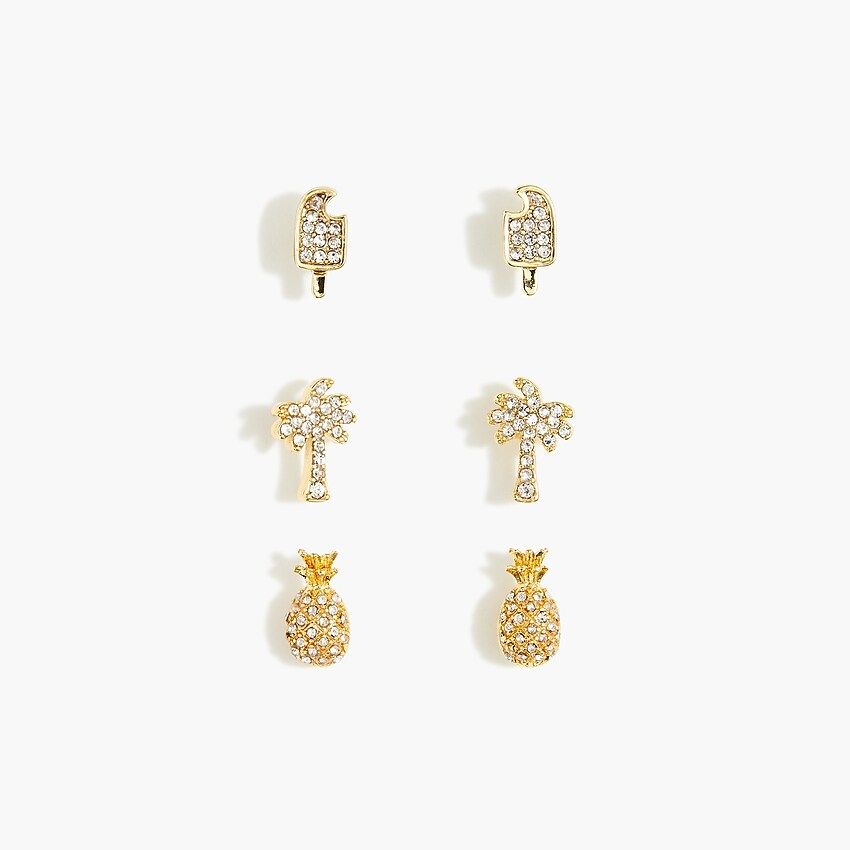 Rhinestone pineapple earring studs set-of-three | J.Crew Factory