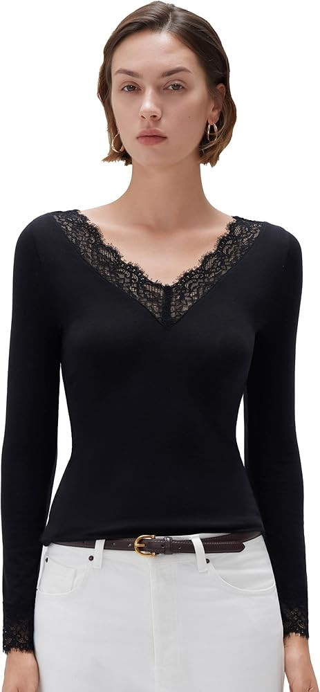SUUKSESS Cloud Cashmere Women Basic Tops V Neck Boat Neck Lace Long Sleeve Shirt | Amazon (US)
