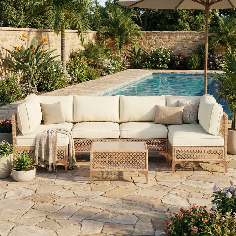 LAZZO 7-Piece Patio Furniture Set, Outdoor Wicker Conversation Set with Thick Cushions & Coffee T... | Walmart (US)
