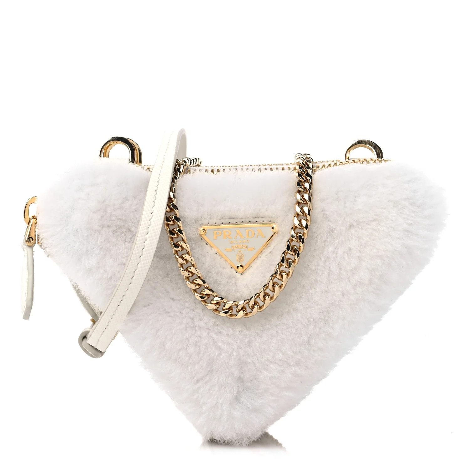 Saffiano Shearling Triangle Mini Pouch White | FASHIONPHILE (US)