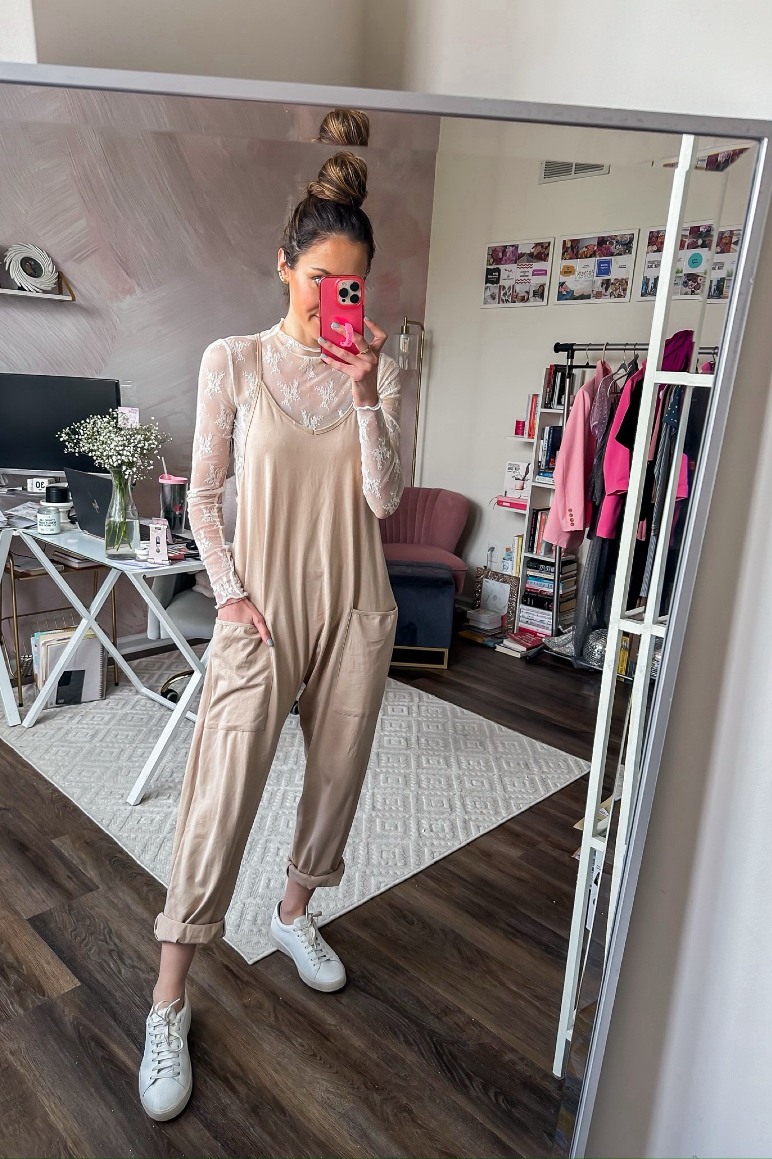 Sheer lacy turtleneck layered under free people look for less jumpsuit 🙌🏼

White sneakers // free people look alike // Amazon fashion // hot shot onesie look for less // spring outfit 