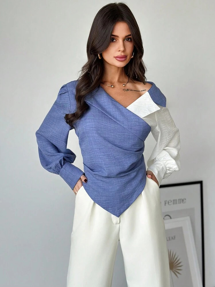 Firerie Women's Autumn Color Block Ruched Asymmetric Hem Fashion Long Sleeve Blouse | SHEIN