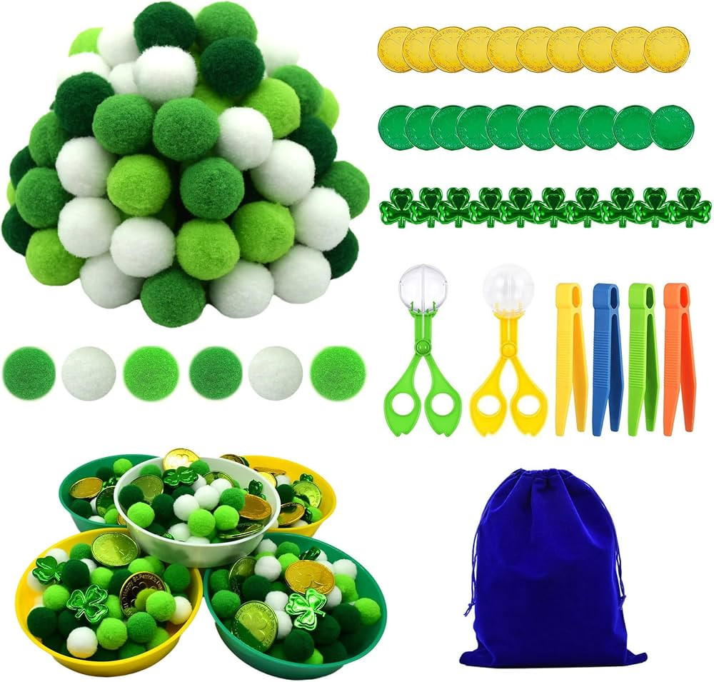 142pcs Fine Motor Skills Counting Sorting Sensory Bin Filler -100pcs Pompoms 20Pcs shamrock coins... | Amazon (US)