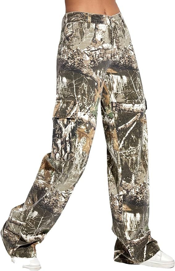 Women Camouflage Cargo Pants Straight Wide Leg Trousers Jeans with Pockets | Amazon (US)