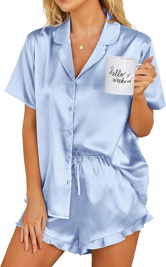Ekouaer Womens Satin Pajamas Set Button Down 2 Piece Silk Pjs Shorts Set Ruffle Lingerie Notch Co... | Amazon (US)