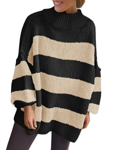 Saodimallsu Womens Oversized Striped Sweater Mock Neck Chunky Knit Lantern Long Sleeve Fall Trend... | Amazon (US)