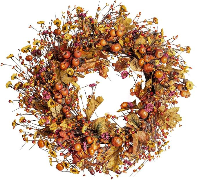 Amazon.com: Fall Berry Wreath, 22” Autumn Orange Front Door Wreath Harvest Wreath with Pumpkins... | Amazon (US)