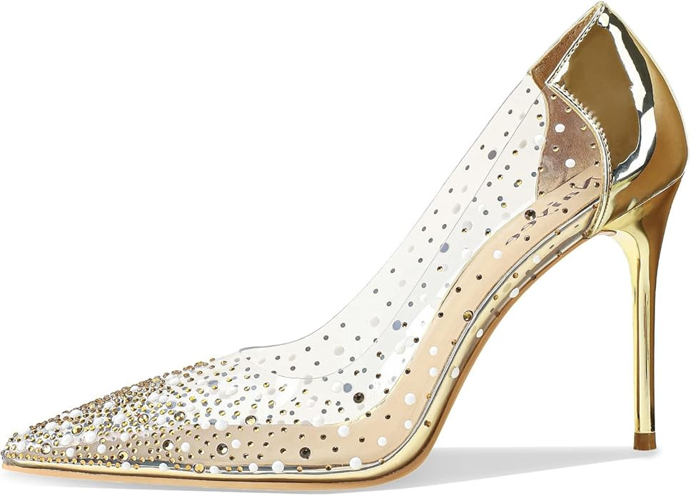 Naiyee Women's High Stiletto Heel, PVC Pumps Crystal Rhinestones 100mm Clear Heels Closed Pointed... | Amazon (US)