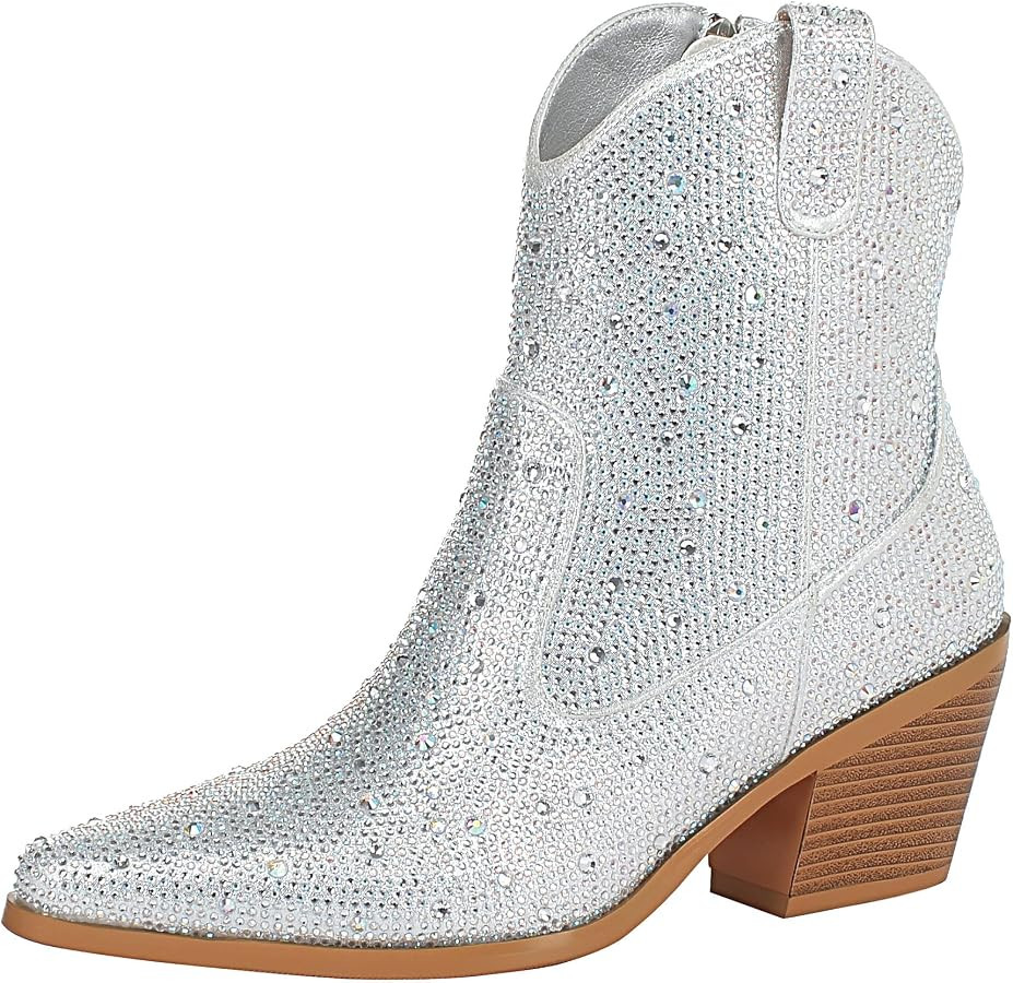 FIFSY Women Rhinestone Cowboy Boots Glitter Chunky Heel Sparkly Cowgirl Ankle Boots\u2026 | Amazon (US)
