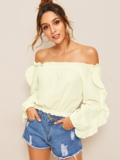 Solid Ruffle Trim Off The Shoulder Blouse | SHEIN
