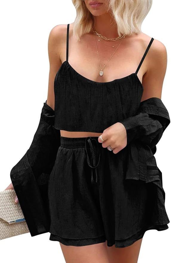 Pink Queen Womens Casual 3 Piece Outfits Long Sleeve Button Down Shirt Cropped Cami Top And Draws... | Amazon (US)