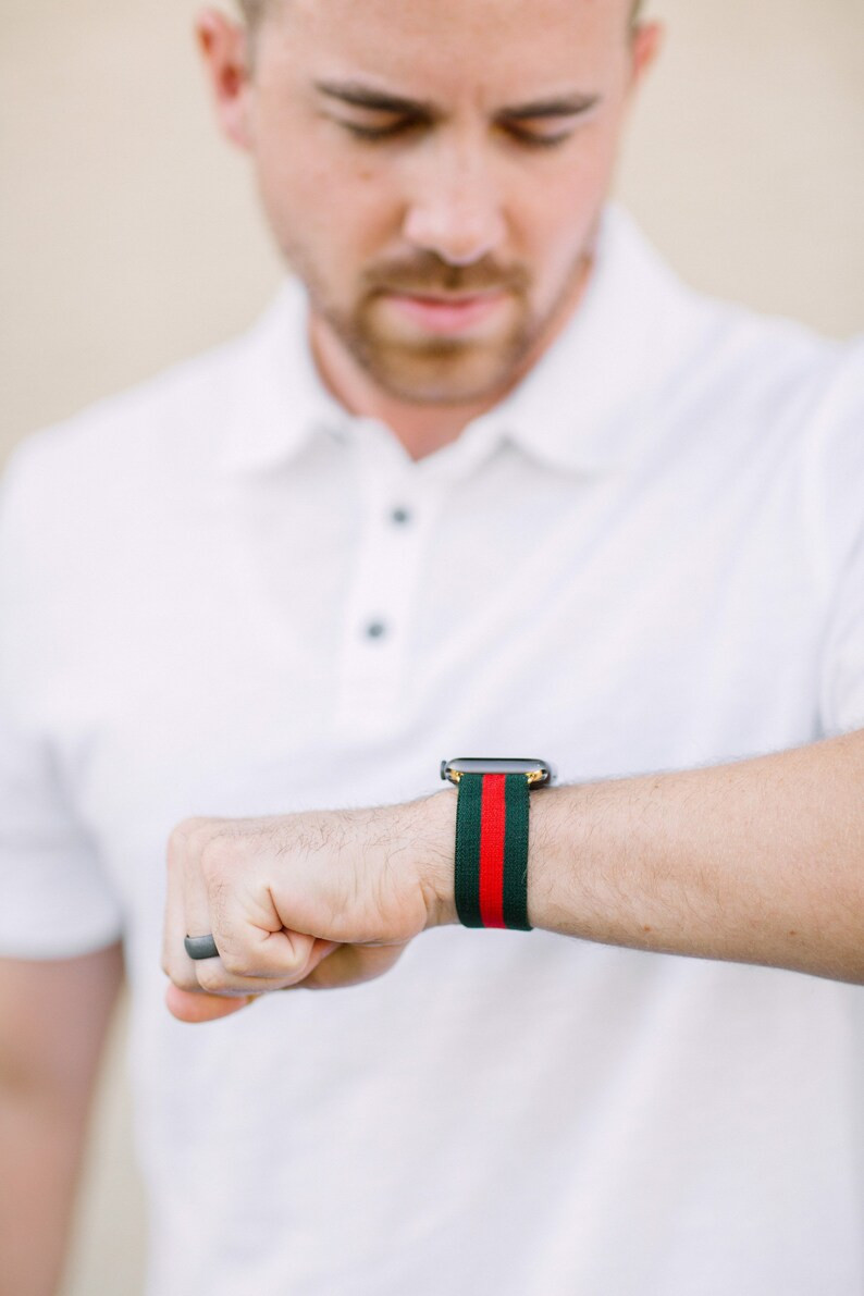 Read the full title
    Apple Watch Band, Elastic Apple Watch Band, Green and Red Apple Watch ban... | Etsy (US)