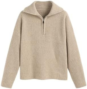 CIDER Quarter Zip Pullover Sweaters for Women Trendy V Neck Long Sleeve Fall Sweaters Solid Knit ... | Amazon (US)