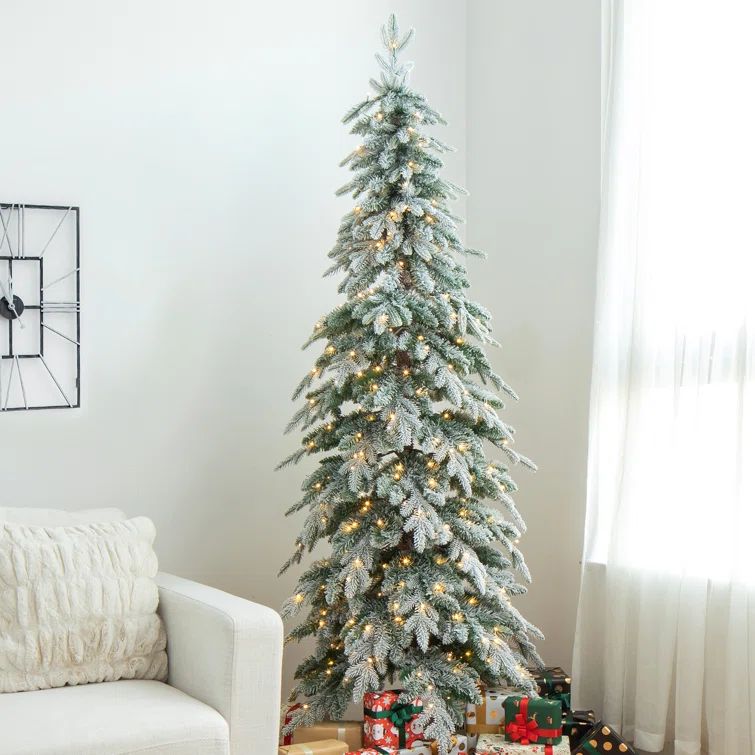 Slender Flocked/Frosted Realistic Spruce Christmas Tree with 470 LED Lights | Wayfair North America