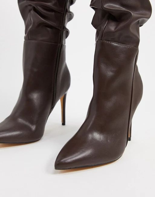 London Rebel pointed knee high boots in chocolate | ASOS (Global)