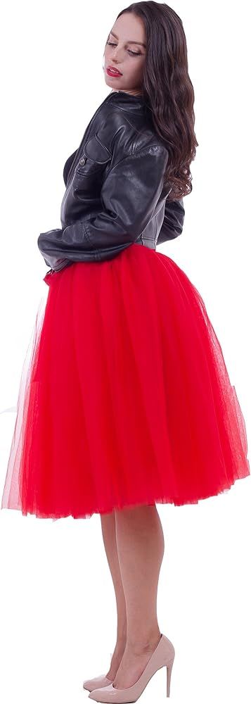 FOLOBE Women's Tutu Skirt Midi Tulle Skirts 7 Layers Petticoat Knee Length Petticoat | Amazon (US)