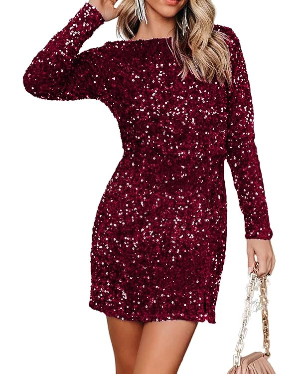 R.Vivimos Women's Sequin Bodycon Dress Fall Winter Velvet Warm Long Sleeve Crew Neck Sexy Backles... | Amazon (US)