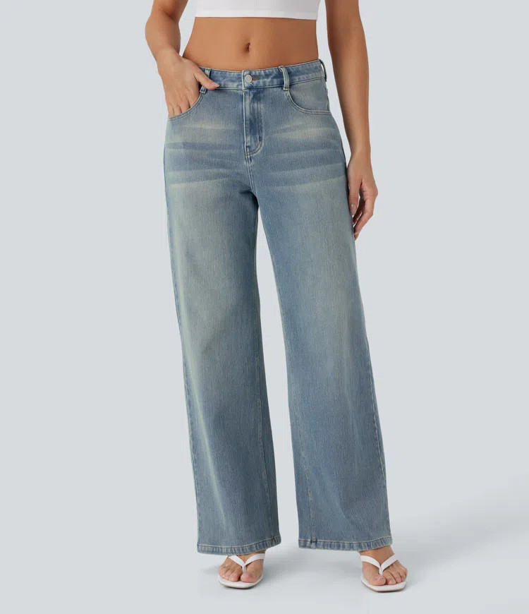 Halara Flex™ Low Rise Pockets Baggy Wide Leg Washed Casual Jeans | HALARA