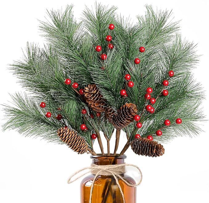 Sggvecsy 5 Pack Christmas Berries Pine Picks Artificial Red Berry Pine Branches Long Faux Pine St... | Amazon (US)