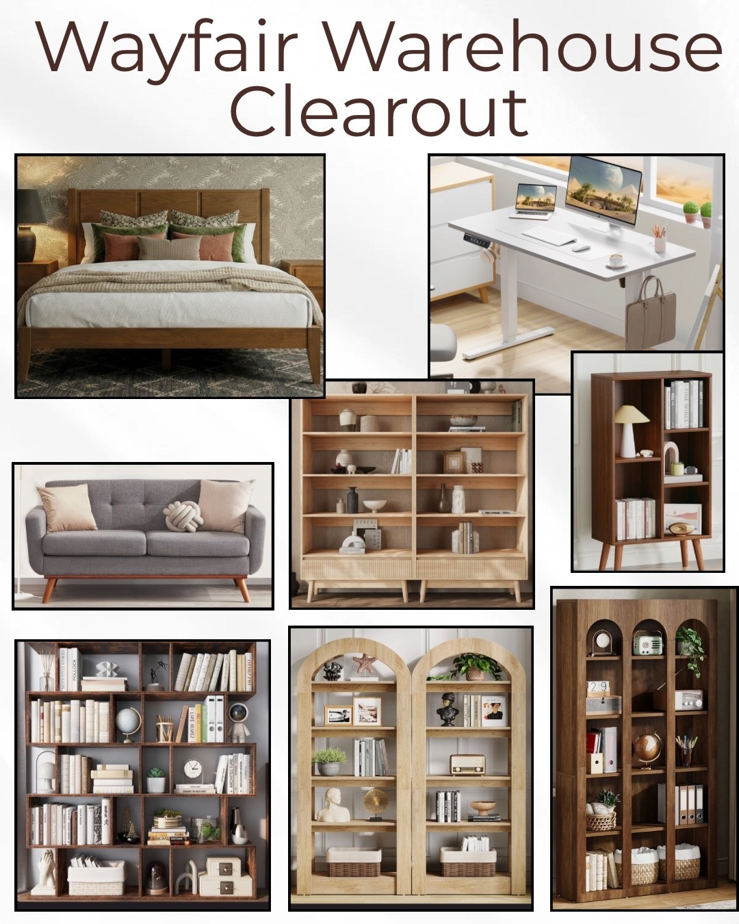 Wayfair Warehouse Clearout furniture finds 🏡 Solid wood bed frames, modern home office desks, neutral sofas, and statement bookcases all marked down. I own the bottom left bookcase and my dining table is also part of the sale. 

I linked my top picks here.

Prices vary by inventory and sell out quickly.

#LTKU #LTKSaleAlert #LTKHome