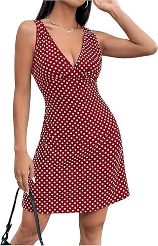 RoseSeek Women's Polka Dots V Neck Tank Dress Sleeveless Summer A Line Dresses Sexy Mini Dress Red Large | Amazon (US)