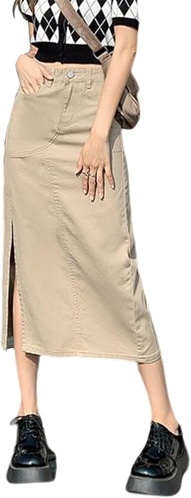 Long Denim Skirts for Women Maxi Paperbag High Waist Frayed Raw Hem A line Flare Jean Skirt with ... | Amazon (US)