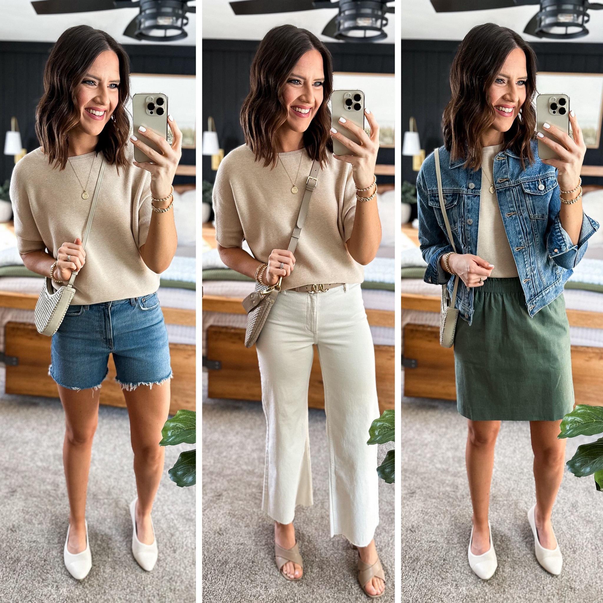 Spring Capsule Wardrobe (Dolman Sweater Styling) 

Dolman Sweater (xs) 
Denim shorts (26) 
Ivory jeans (size up one or two sizes. I’m in a size 4)
Denim jacket (small) 
Green skirt (size 2) 

#LTKfindsunder50 #LTKfindsunder100 #LTKstyletip