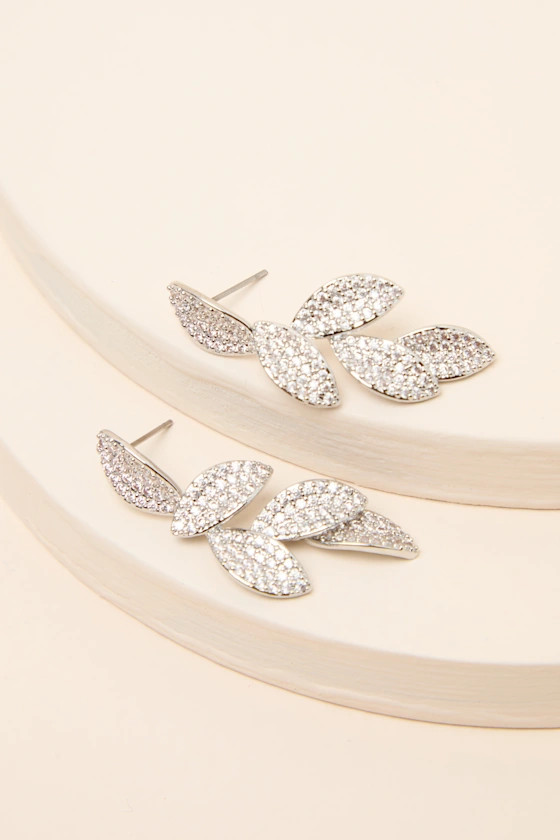 Windsor Silver Rhinestone Leaf Drop Earrings | Lulus