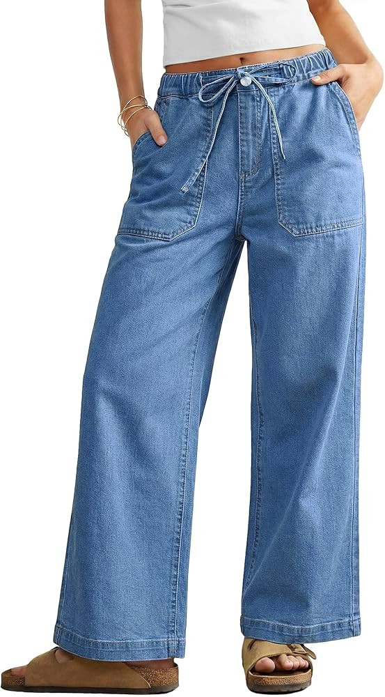 GRAPENT Wide Leg Jeans for Women Trendy High Waisted Drawstring Tie Elastic Waist Stretchy Denim ... | Amazon (US)