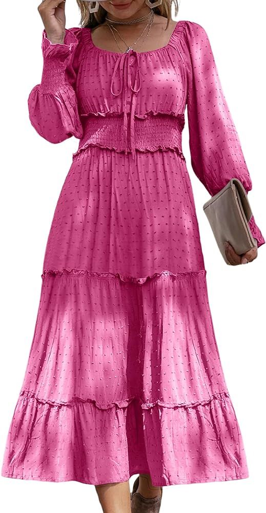 Women's Square Neck Long Sleeve Swiss Dot Maxi Dresses Ruffle Tiered Boho A Line Smocked Cocktail... | Amazon (US)