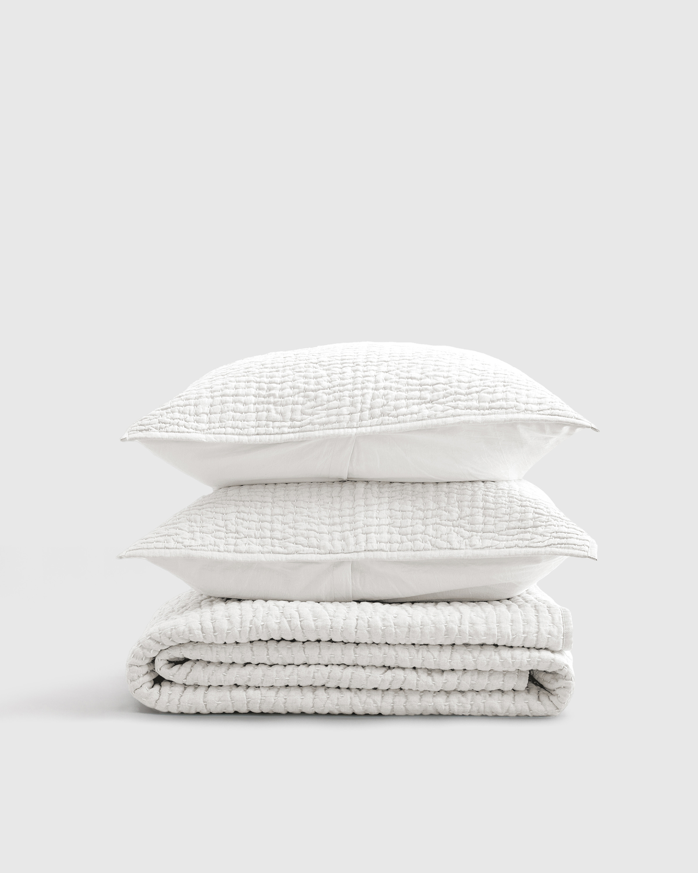 Quince | European Linen Cotton Stitch Quilt Set in White, Size Full/Queen | Quince