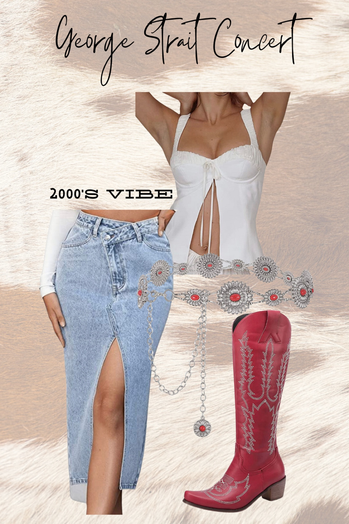 2000s vibe cowgirl George Strait concert outfit idea Inspo denim, midi skirt red lucchese Amazon dupe red silver, western belt, white vintage tank top

#LTKunder100 #LTKunder50 #LTKshoecrush