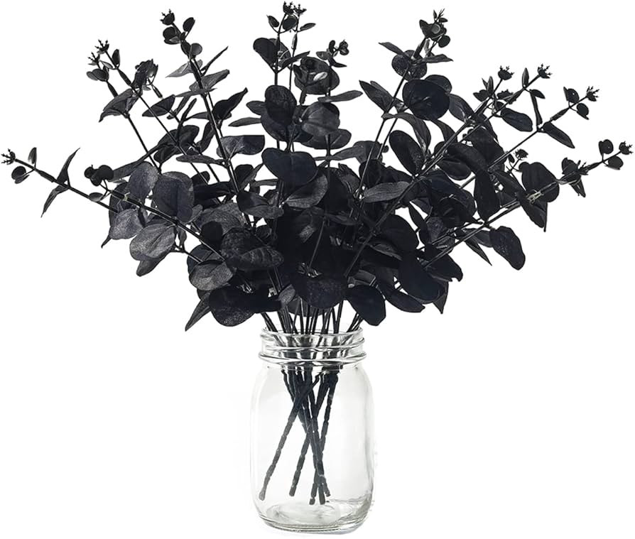 Halloween Black Artificial Flower - Black Artificial Eucalyptus Stems Faux Eucalyptus Leaves Bran... | Amazon (US)