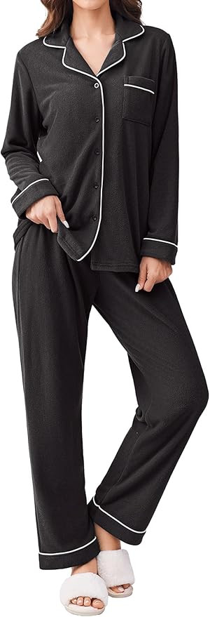 Ekouaer Women's Fleece Pajama Sets Long Sleeve Button Down Two-piece Sleepwear Soft Lounge Set | Amazon (US)