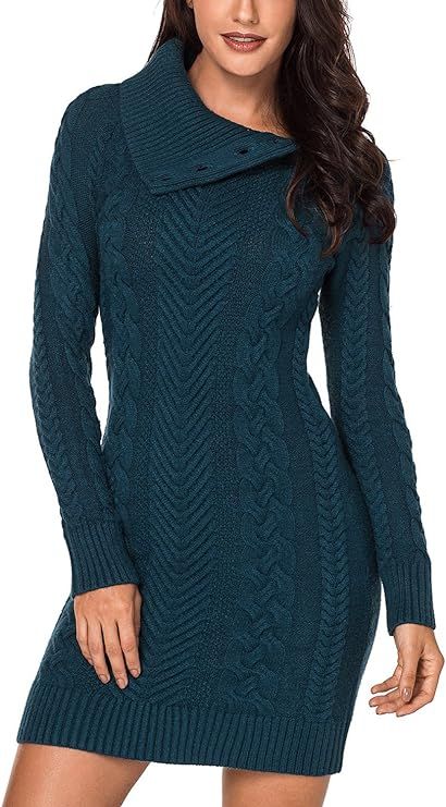 Sidefeel Women Asymmetric Buttoned Cable Knit Bodycon Mini Sweater Dress Jumper | Amazon (US)