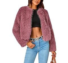 Women's 2023 Winter Coats Fleece Cropped Jacket Faux Fur Long Sleeve Pockets Shaggy Warm Outerwea... | Amazon (US)