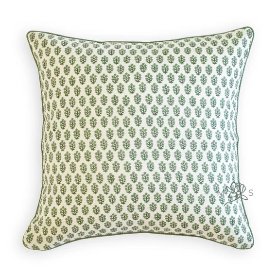 Custom Designer Linen Green Block Print Floral Throw Pillow Cover, Corinth Pillow Cover | Etsy (US)