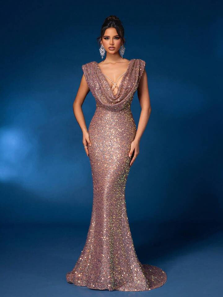 SHEIN X Izzy Darnell Elegant Luxurious Champagne Pearl Beaded Deep Draped Neck Rhinestone Trim Oversized Plunging Neckline High Waist Fitted Extra Long Mermaid Formal Evening Gown Prom Wedding Guest Dress, For Graduation, Dinner | SHEIN