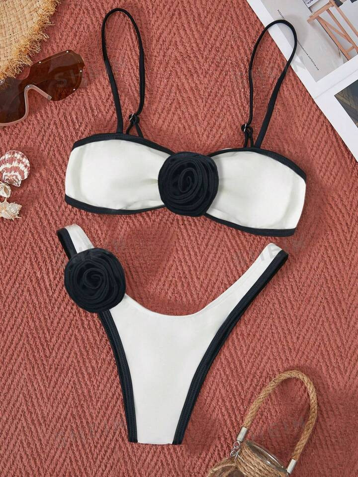 Bikinx Color Blocking 3d Flower Design Sexy 2-Piece Swimsuit | SHEIN
