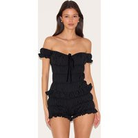 Black Extreme Ruched Bardot Romper | PrettyLittleThing US