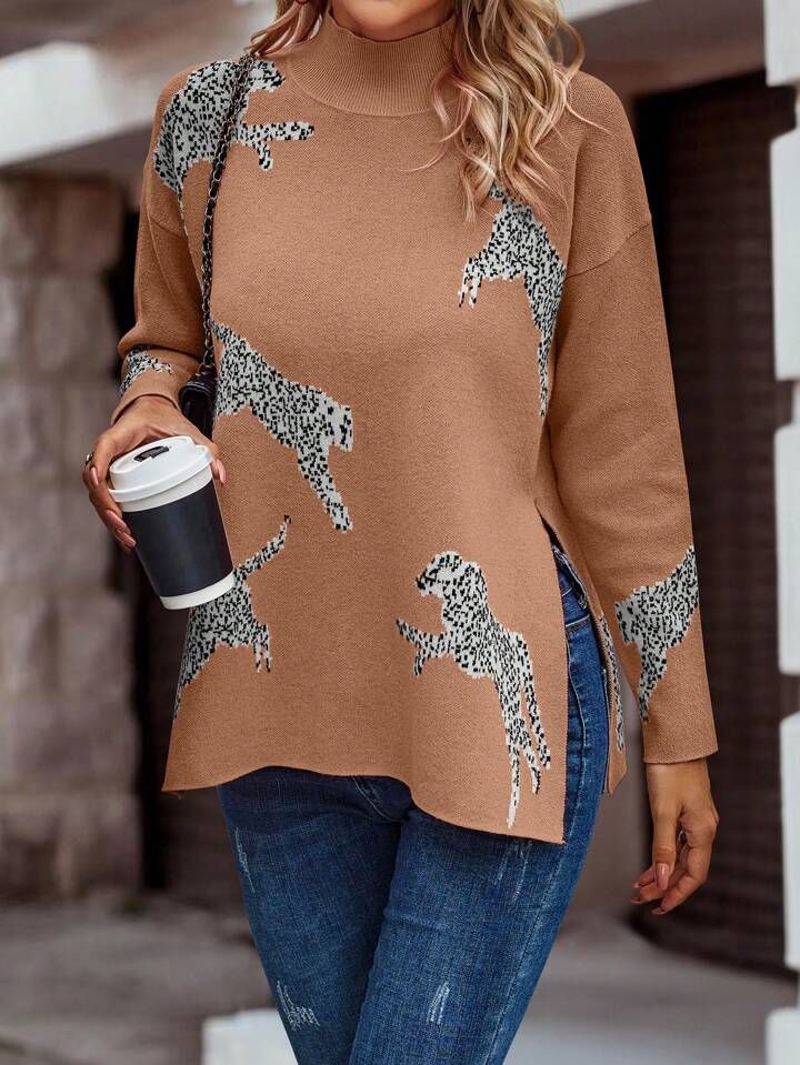 SHEIN LUNE Leopard Pattern Drop Shoulder Split Hem Sweater | SHEIN