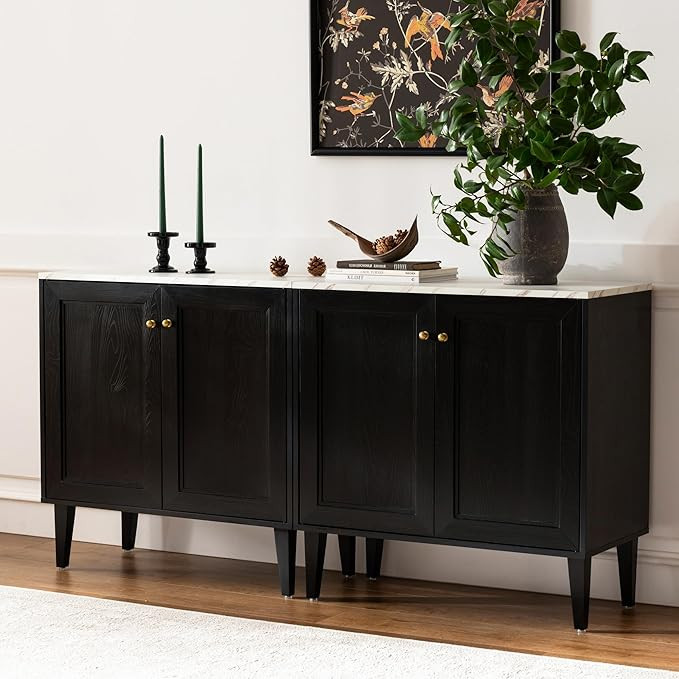Black Accent Cabinet Set of 2, Modern Storage Sideboard Buffet with Faux Marble Top & Adjustable ... | Amazon (US)
