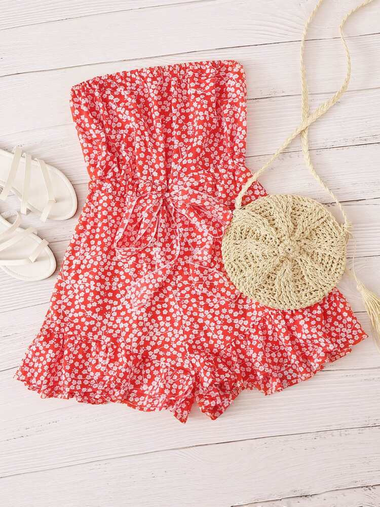 Ditsy Floral Print Belted Tube Romper | SHEIN