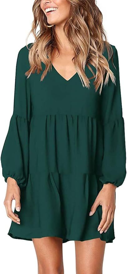 Sherosa Women's Casual Long Sleeve Tunic Dress Ruffle V Neck Swing Shift Dresses | Amazon (US)
