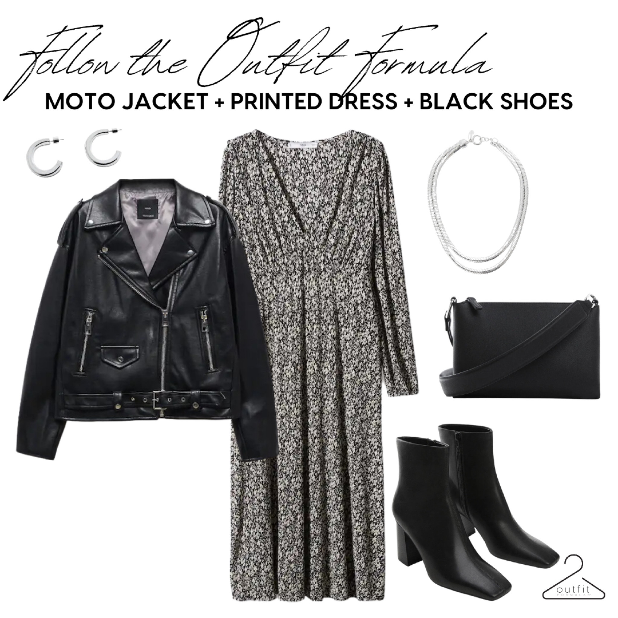 Follow the Outfit Formula: Moto Jacket + Printed Dress + Black Shoes from our Closet Staples Casual Outfit Guide. Get the guide at outfitformulas.com #outfitformulas 

#LTKfindsunder50 #LTKshoecrush