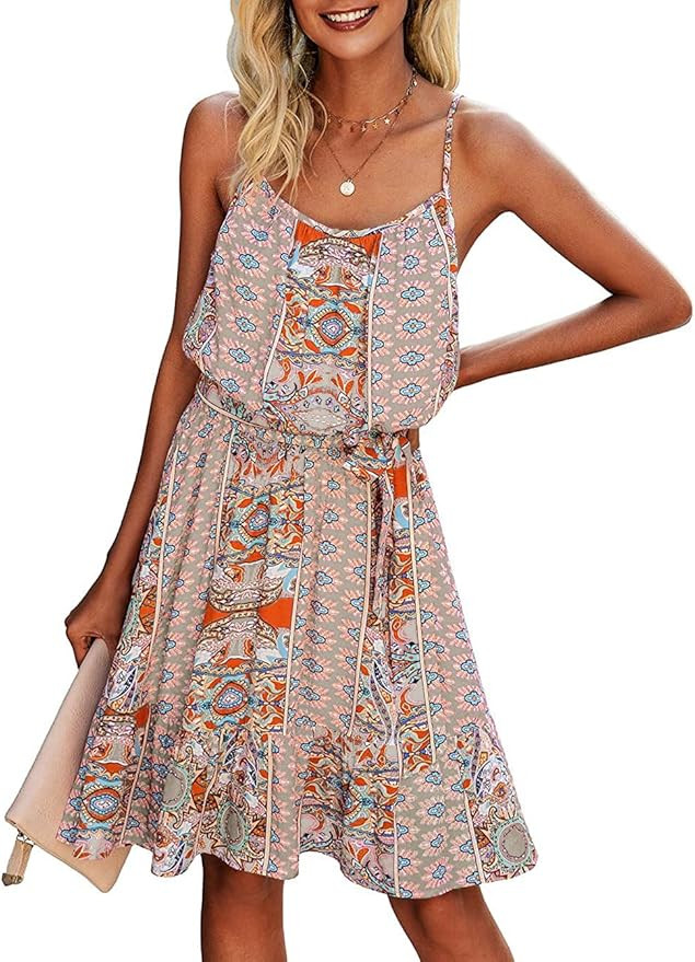 PRETTYGARDEN Women’s Summer Spaghetti Strap Dresses Floral Print Crewneck Sleeveless Ruffle Min... | Amazon (US)