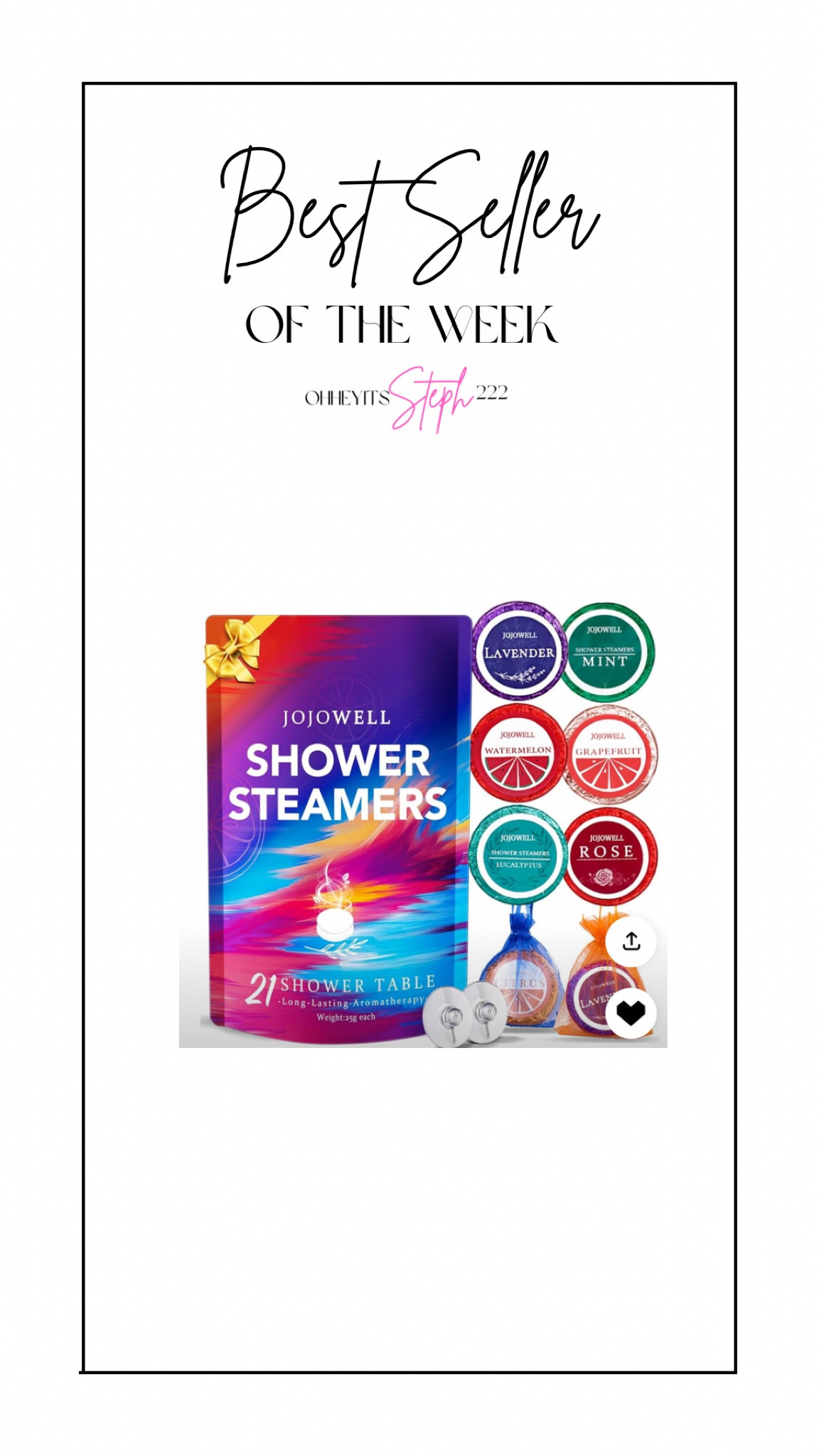 Best seller of the week from Amazon 

Shower Steamers Aromatherapy - 21Pcs Pure Essential Oil Shower Bombs Gifts for Women, Nasal Relief, Self Care, Birthday Gifts for Women, Gifts for Mom, Stocking Stuffers for Women


#LTKfindsunder50 #LTKGiftGuide #LTKbeauty