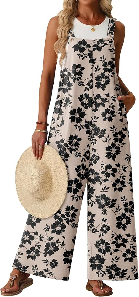Jumpsuits for Women Summer Casual Boho Wide Leg Overalls Adjustable Floral Sleeveless Rompers wit... | Amazon (US)