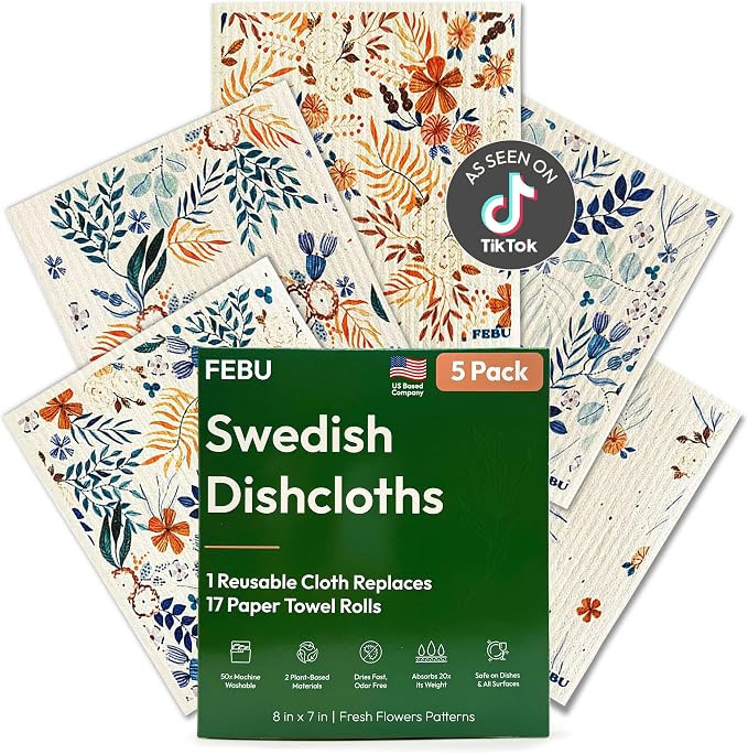 FEBU Swedish Dishcloths for Kitchen | 5 Pack Fresh Flowers Reusable Paper Towels Washable | Swedi... | Amazon (US)